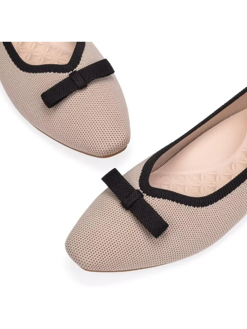 Frank Mully Women's Khaki Black Rubber Knit Squared Toe Bow Slip On Ballet Flats